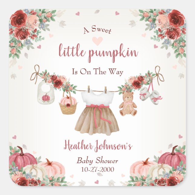 Pegatina Cuadrada Sweet Little Pumpkin Autumn Baby Shower (Anverso)