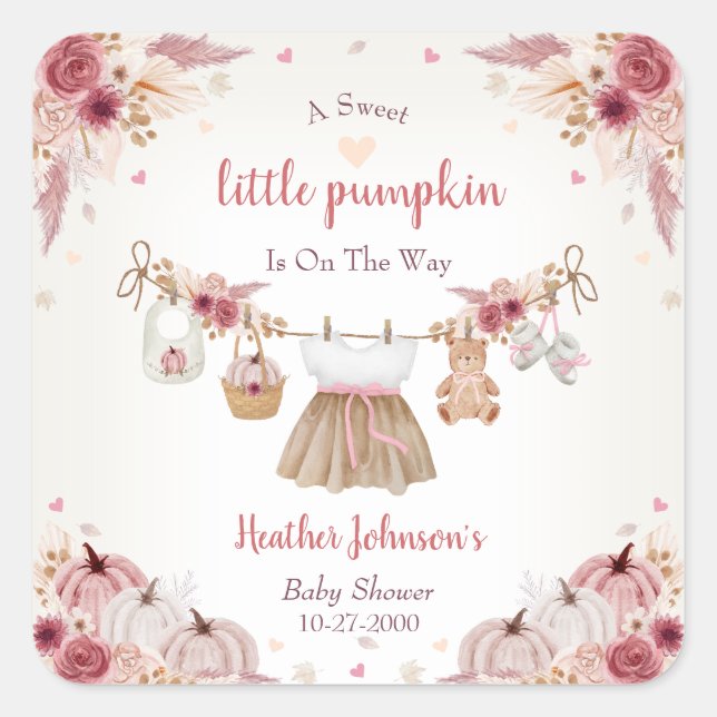 Pegatina Cuadrada Sweet Little Pumpkin Autumn Baby Shower  (Anverso)
