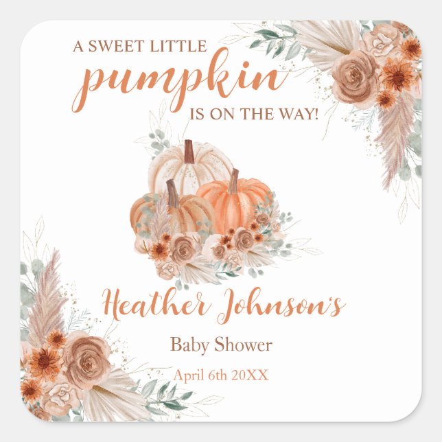 Pegatina Cuadrada Sweet Little Pumpkin Autumn Baby Shower (Anverso)