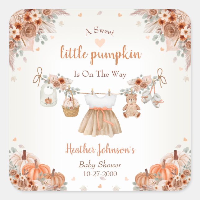 Pegatina Cuadrada Sweet Little Pumpkin Autumn Baby Shower  (Anverso)
