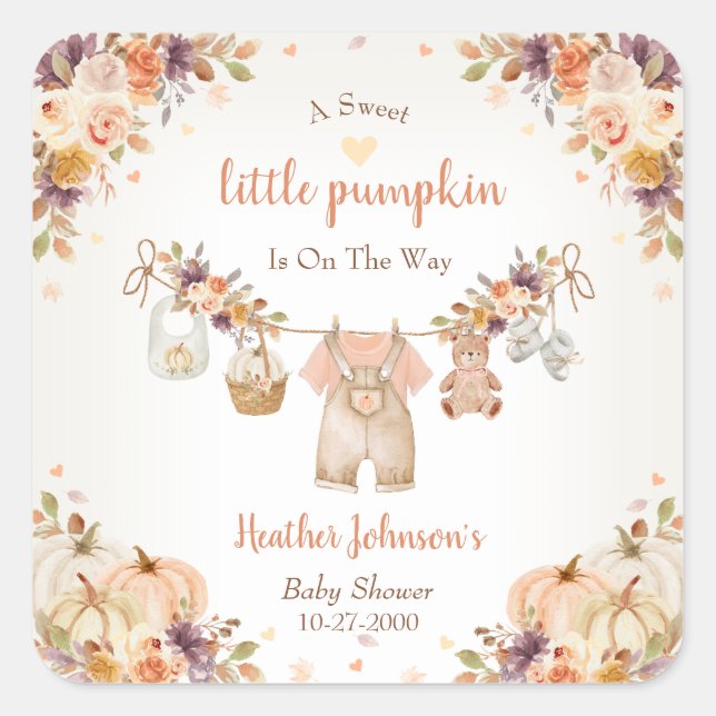 Pegatina Cuadrada Sweet Little Pumpkin Autumn Baby Shower (Anverso)