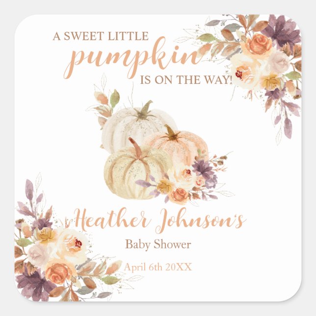 Pegatina Cuadrada Sweet Little Pumpkin Autumn Baby Shower (Anverso)