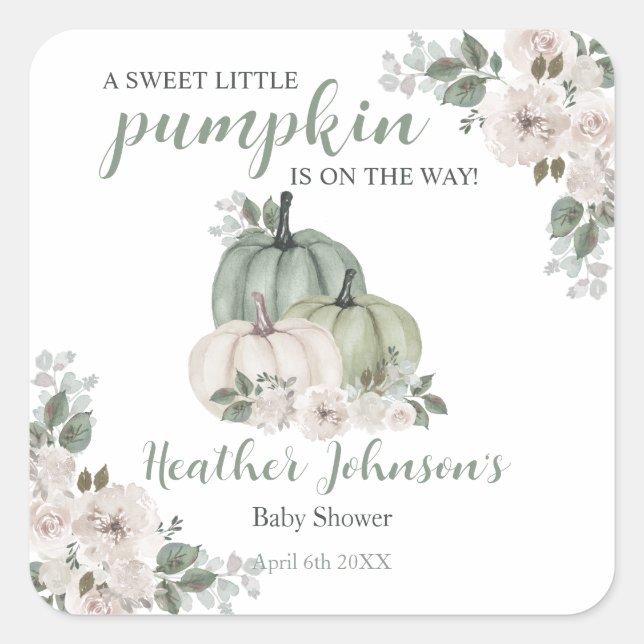 Pegatina Cuadrada Sweet Little Pumpkin Autumn Baby Shower (Anverso)
