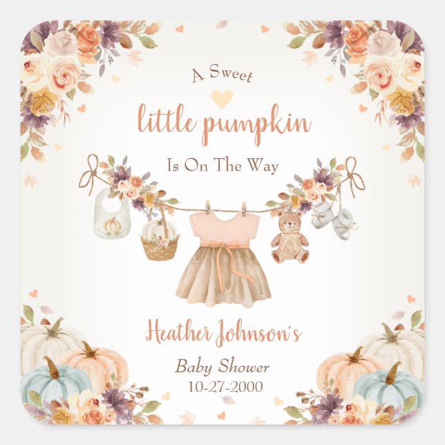 Pegatina Cuadrada Sweet Little Pumpkin Autumn Baby Shower (Anverso)