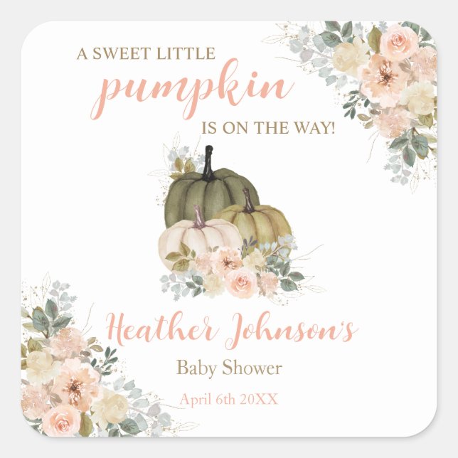 Pegatina Cuadrada Sweet Little Pumpkin Autumn Baby Shower (Anverso)