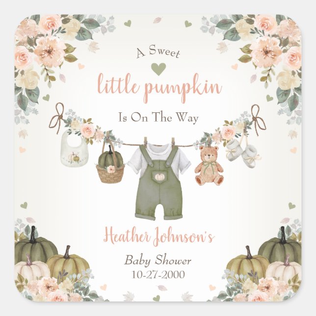 Pegatina Cuadrada Sweet Little Pumpkin Autumn Baby Shower (Anverso)