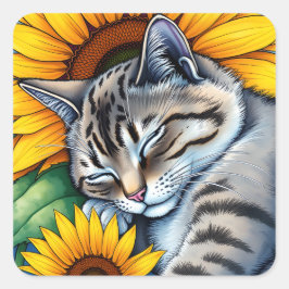 Pegatina Cuadrada Sweet Napping Gray Cat and Sunflower