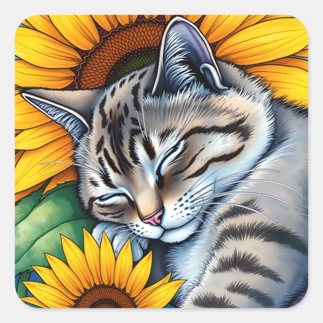 Pegatina Cuadrada Sweet Napping Gray Cat and Sunflower (Anverso)