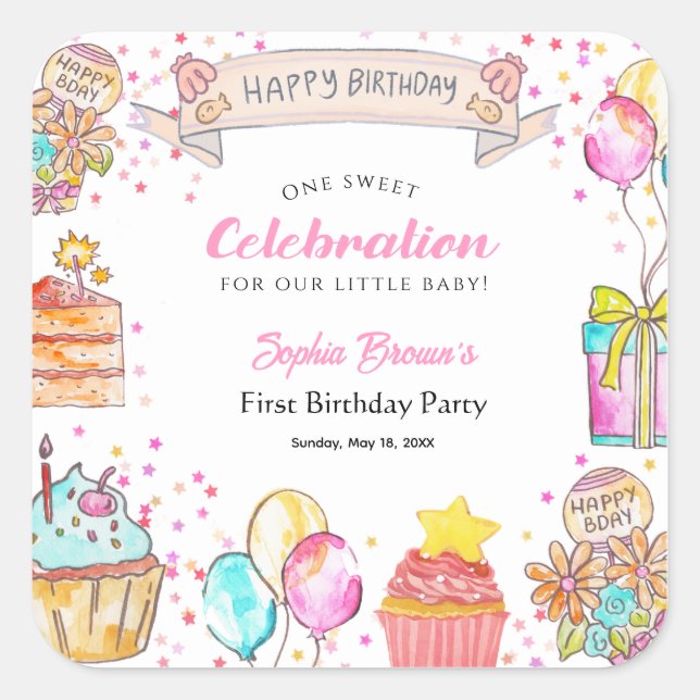 Pegatina Cuadrada Sweet One Theme girl's 1st Birthday Pink (Anverso)