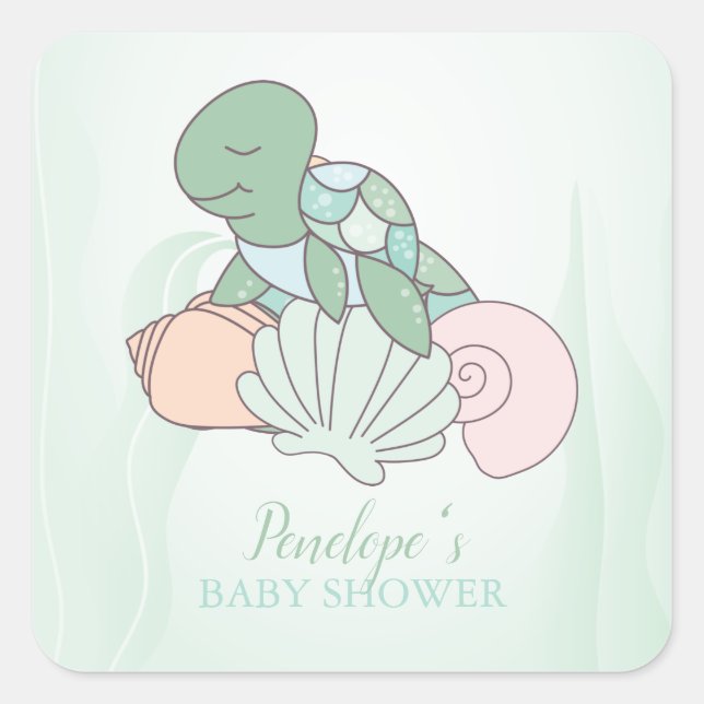 Pegatina Cuadrada Sweet Sea Turtle Baby Shower (Anverso)