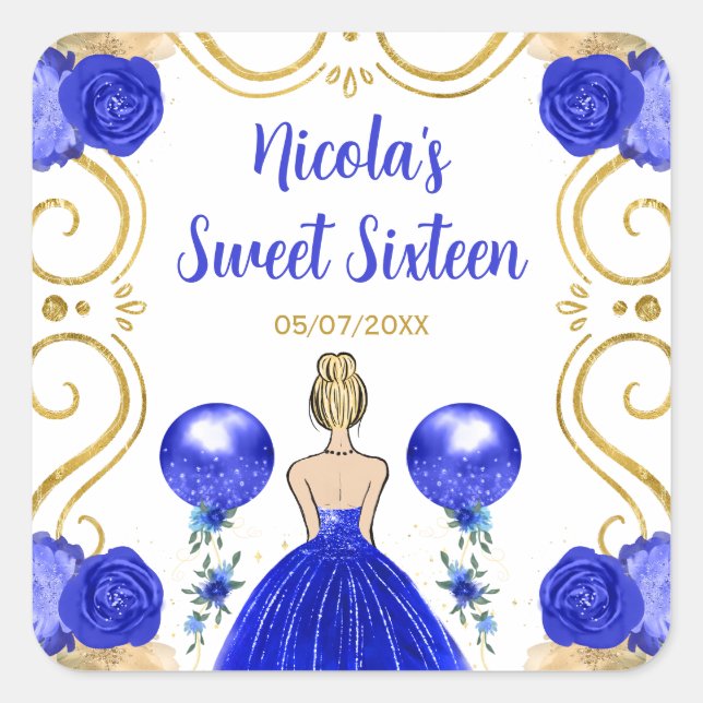 Pegatina Cuadrada Sweet Sixteen Blonde Princess in Blue (Anverso)