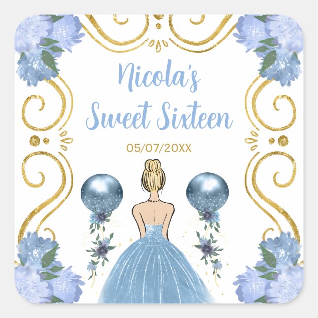 Pegatina Cuadrada Sweet Sixteen Blonde Princess in Dusty Blue (Anverso)