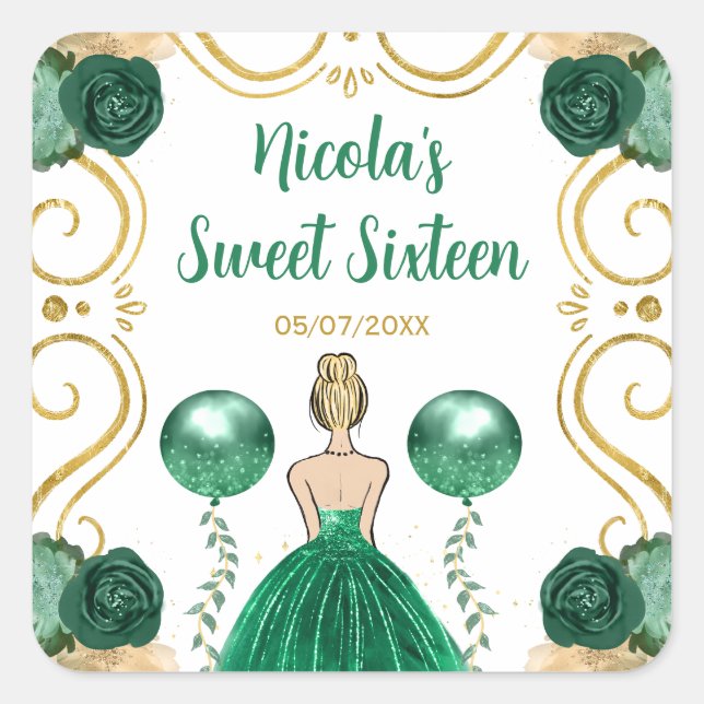 Pegatina Cuadrada Sweet Sixteen Blonde Princess in Green (Anverso)