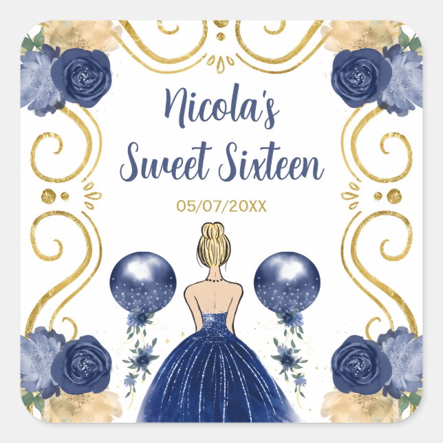 Pegatina Cuadrada Sweet Sixteen Blonde Princess in Navy Blue (Anverso)