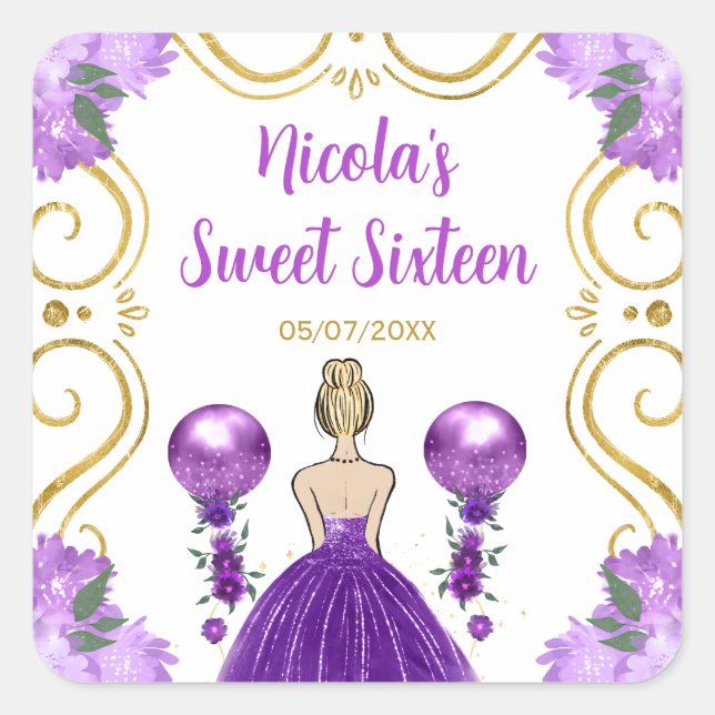 Pegatina Cuadrada Sweet Sixteen Blonde Princess in Purple (Anverso)