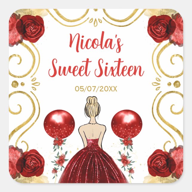 Pegatina Cuadrada Sweet Sixteen Blonde Princess in Red (Anverso)