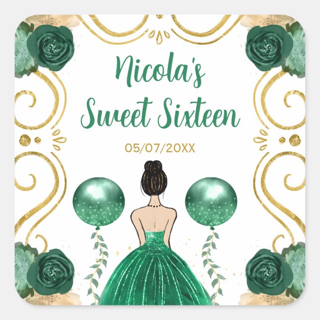 Pegatina Cuadrada Sweet Sixteen Brown Hair Princess in Green (Anverso)