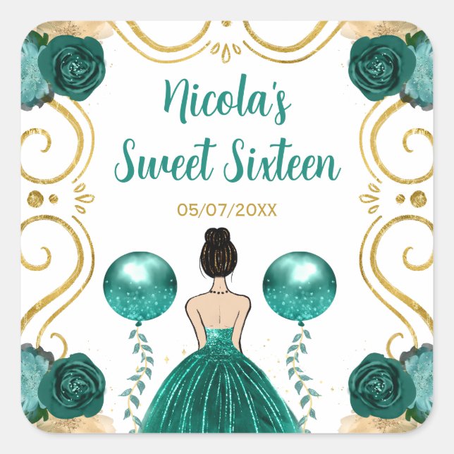 Pegatina Cuadrada Sweet Sixteen Brown Hair Princess in Teal (Anverso)