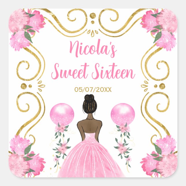 Pegatina Cuadrada Sweet Sixteen Dark Skin Princess in Pink (Anverso)