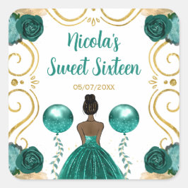 Pegatina Cuadrada Sweet Sixteen Dark Skin Princess in Teal
