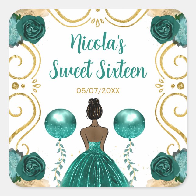Pegatina Cuadrada Sweet Sixteen Dark Skin Princess in Teal (Anverso)