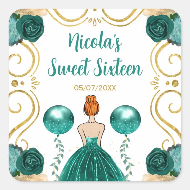 Pegatina Cuadrada Sweet Sixteen Red Hair Princess in Teal (Anverso)