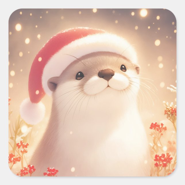 Pegatina Cuadrada Sweet Smiling Otter in Santa Hat with Red Berries (Anverso)