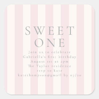 Pegatina Cuadrada Sweet Stripes Invitación rosa de primer cumpleaños