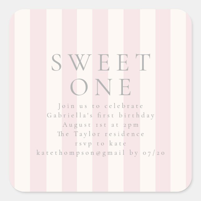 Pegatina Cuadrada Sweet Stripes Invitación rosa de primer cumpleaños (Anverso)