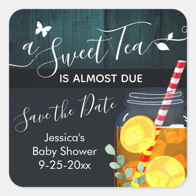 Pegatina Cuadrada Sweet Tea Baby Shower Save the Date (Anverso)