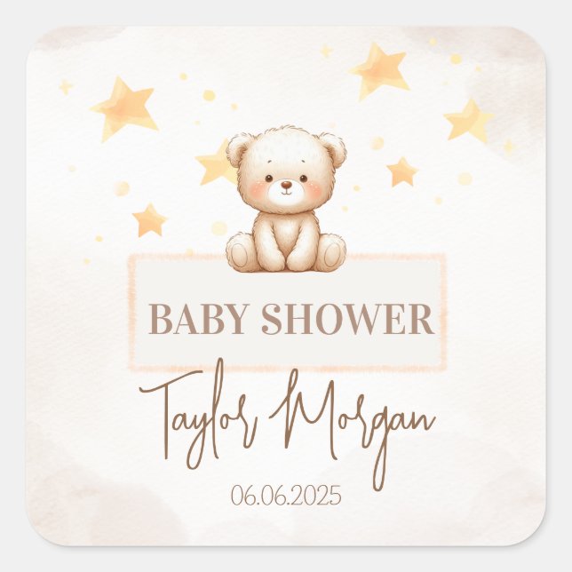 Pegatina Cuadrada Sweet Teddy Bear Baby Shower (Anverso)