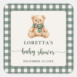 Pegatina Cuadrada Sweet Teddy Bear Green Plaid Baby Shower Favor