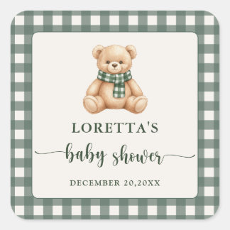 Pegatina Cuadrada Sweet Teddy Bear Green Plaid Baby Shower Favor