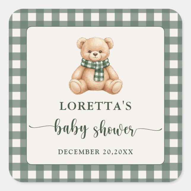 Pegatina Cuadrada Sweet Teddy Bear Green Plaid Baby Shower Favor (Anverso)