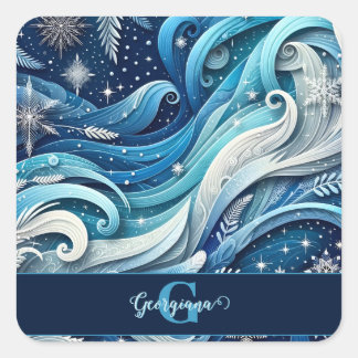Pegatina Cuadrada Swirls de invierno ondulado y azul y escarpado per