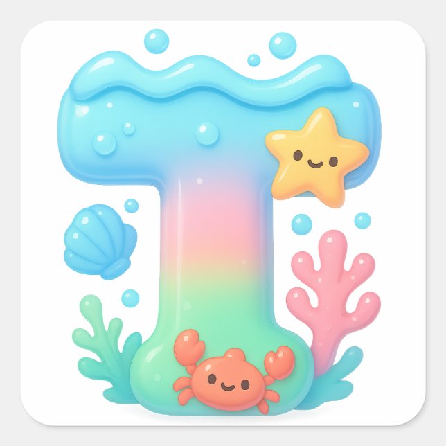 Pegatina Cuadrada "T" Cute Letter - Underwater Sea Creature  (Anverso)