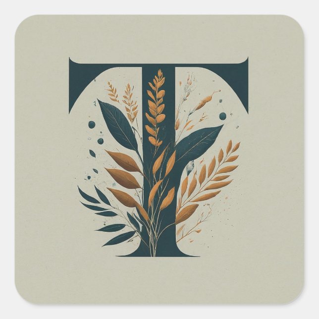 Pegatina Cuadrada T Monograma Botánico (Anverso)