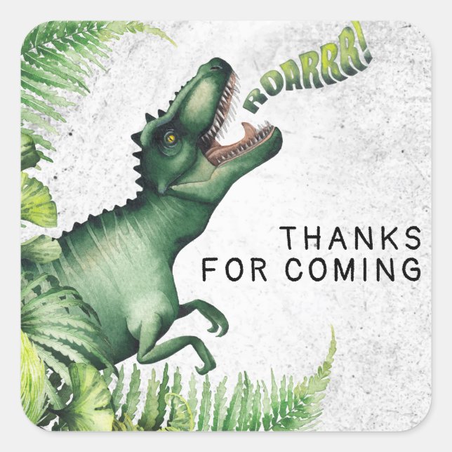 Pegatina Cuadrada T-Rex Dinosaur Birthday Party Gracias (Anverso)