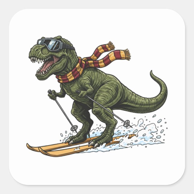 Pegatina Cuadrada T-Rex Divertido Esquíando (Anverso)