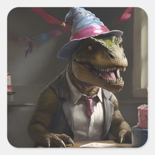 Pegatina Cuadrada T-rex en gorra de cumpleaños