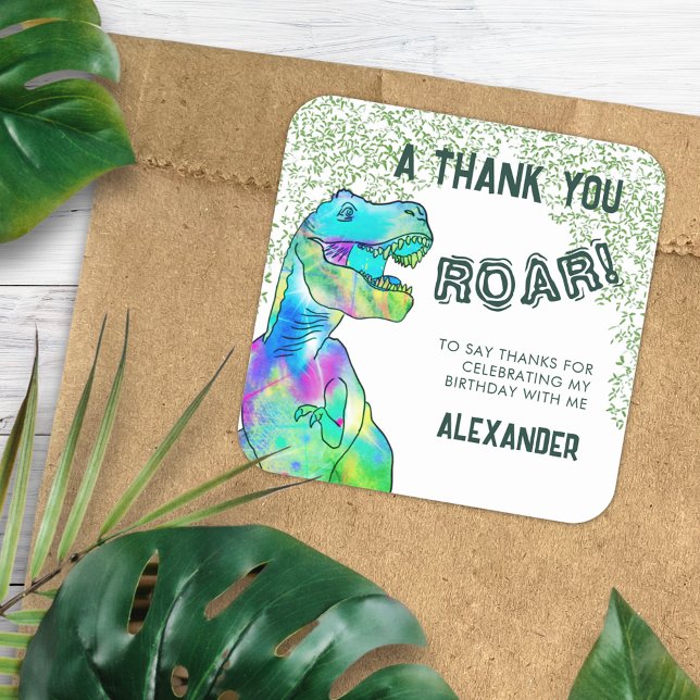 Pegatina Cuadrada T-Rex Roar Dinosaur Gracias Fiesta de Cumpleaños (T-Rex Dinosaur Roar thank you birthday party favor sticker personalized add name)