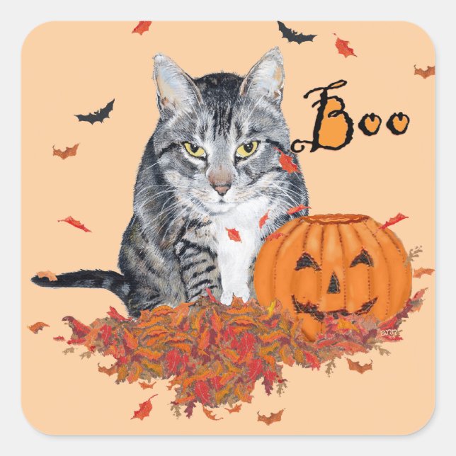 Pegatina Cuadrada Tabby Cat Halloween (Anverso)