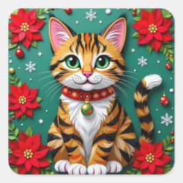 Pegatina Cuadrada Tabby Cat, Poinsettias and Snowflakes Christmas