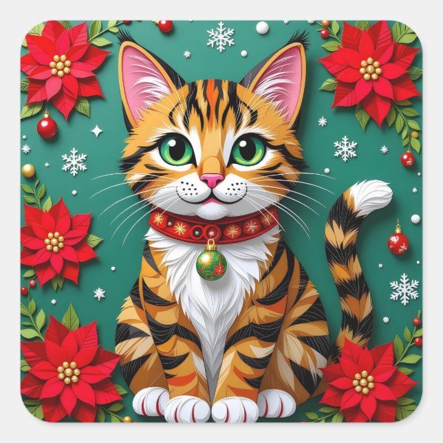 Pegatina Cuadrada Tabby Cat, Poinsettias and Snowflakes Christmas (Anverso)