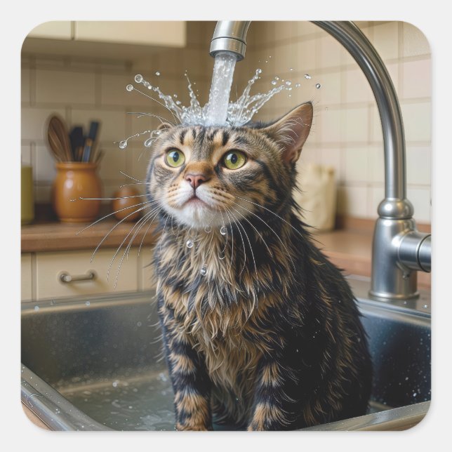 Pegatina Cuadrada Tabby Cat Under a Kitchen Faucet (Anverso)