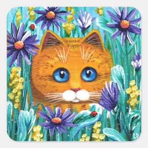 Pegatina Cuadrada Tabby Flowers Creationarts Naranja de arte gato gr