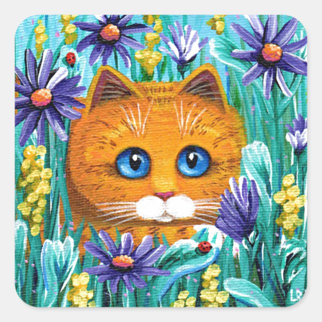 Pegatina Cuadrada Tabby Flowers Creationarts Naranja de arte gato gr (Anverso)