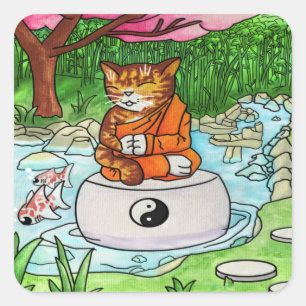 Pegatina Cuadrada Tabby-Gato de Meditación Budista