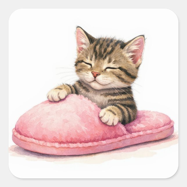 Pegatina Cuadrada Tabby Kitten Sleeping in a Pink Slipper (Anverso)