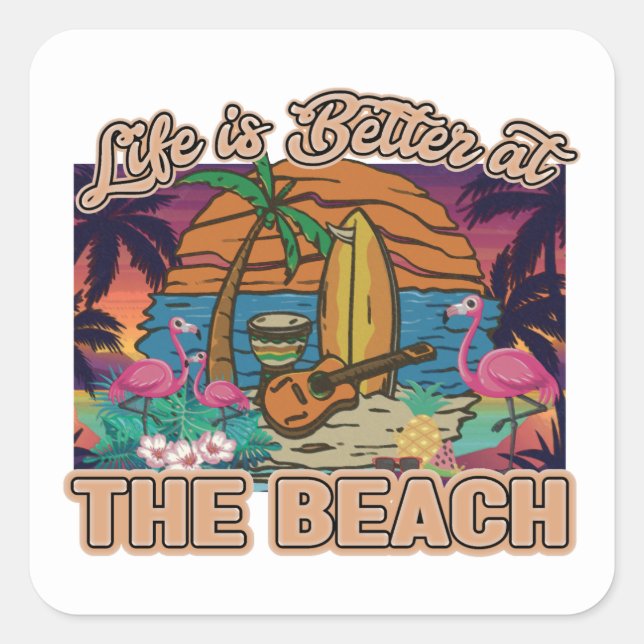 Pegatina Cuadrada tabla de surf de Guay palabra art life better beac (Anverso)